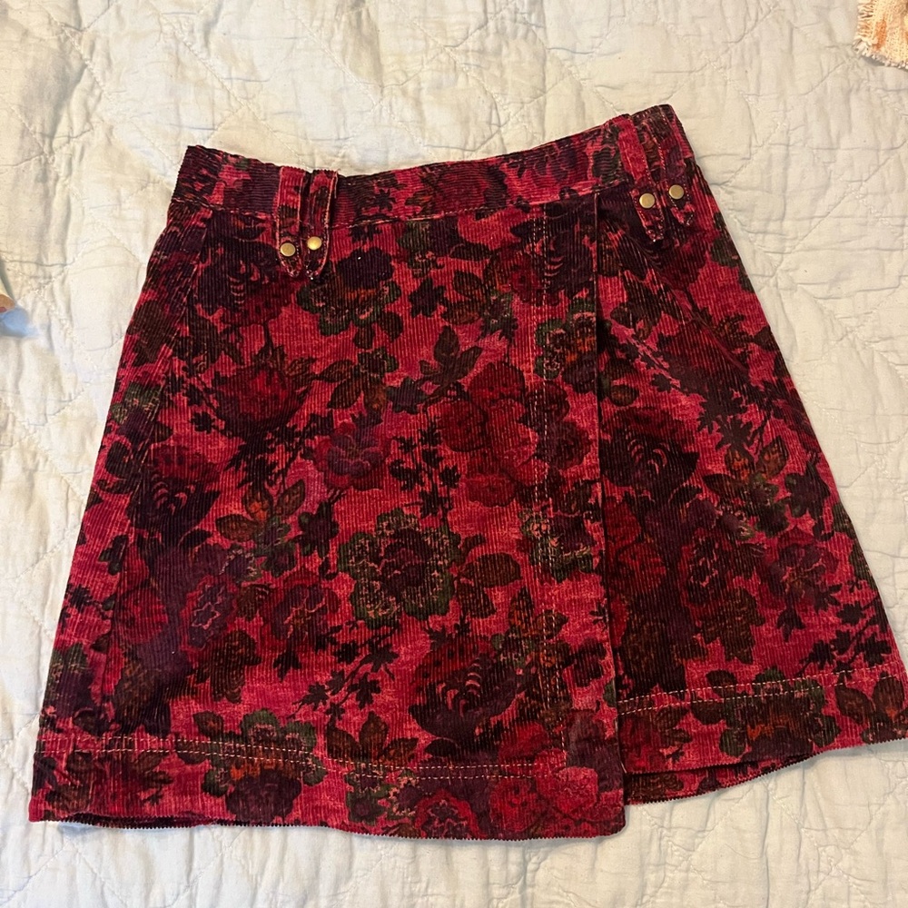 Pilcro Red and Black Floral A-Line Skirt